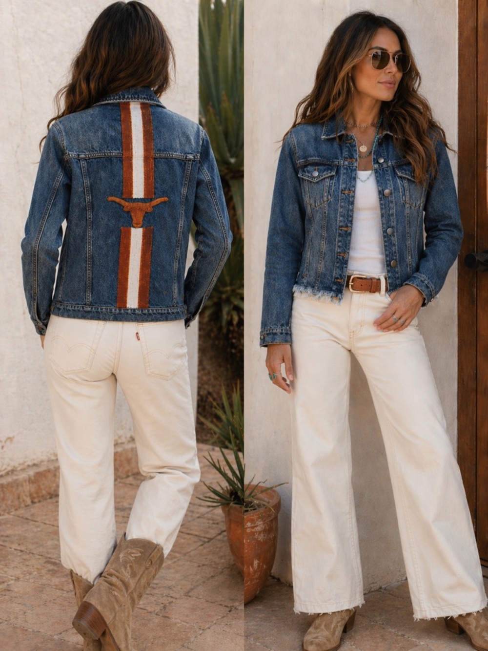 Texas Longhorn Beaded Back Denim Jacket L Western UT University of Texas Fan